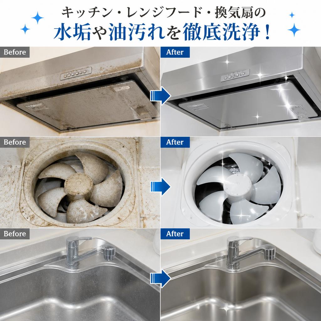キッチン、レンジフード、換気扇の水垢や油汚れを徹底洗浄！