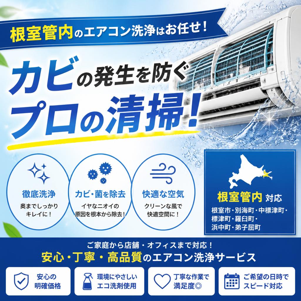 根室管内のエアコン洗浄はお任せ！カビの発生を防ぐプロの清掃！