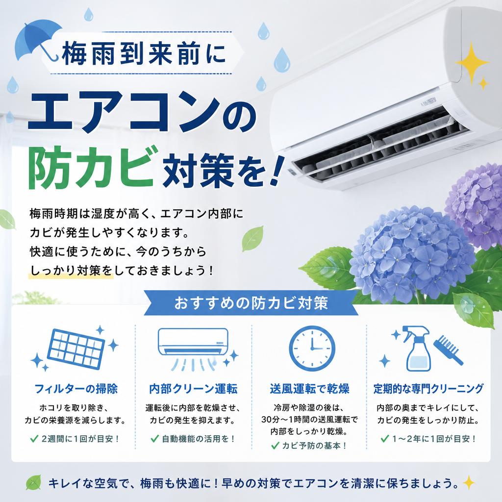 梅雨到来前にエアコンの防カビ対策を！