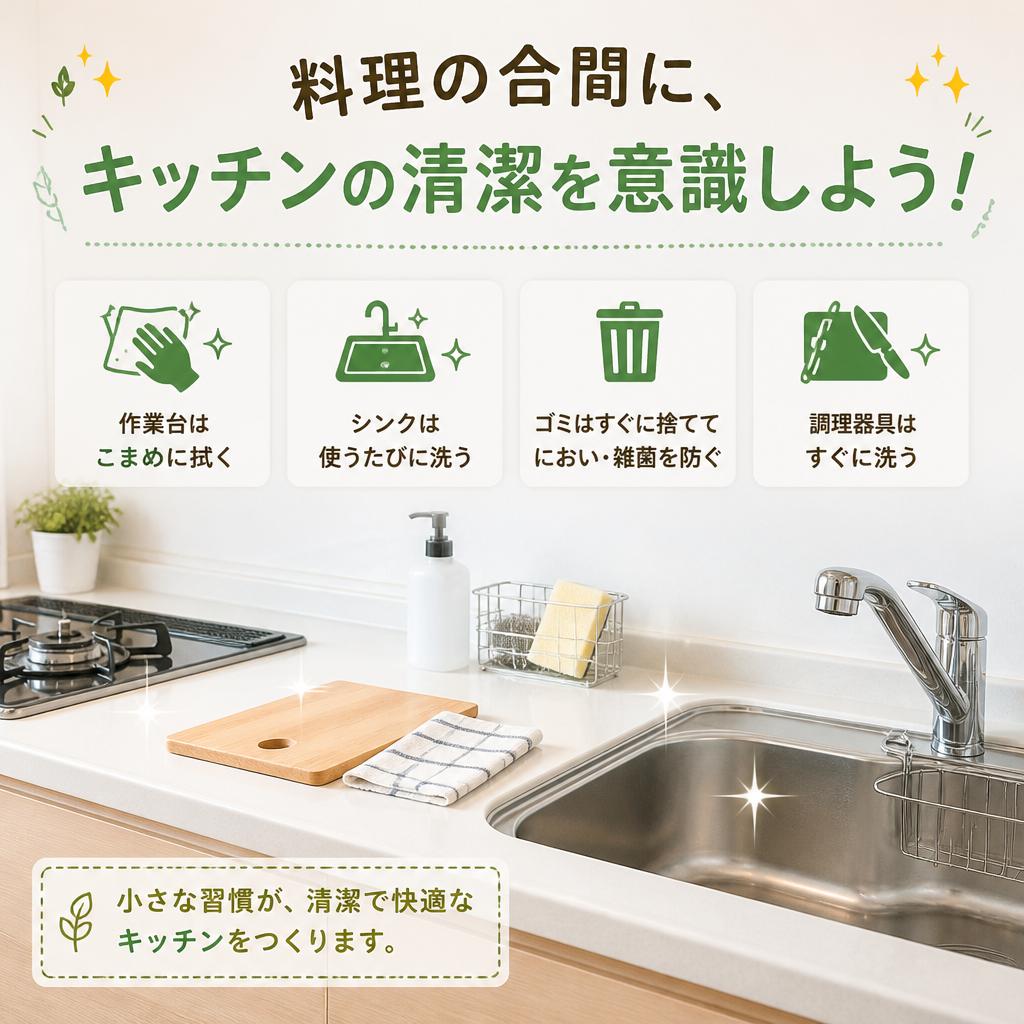 料理の合間に、キッチンの清潔を意識しよう！